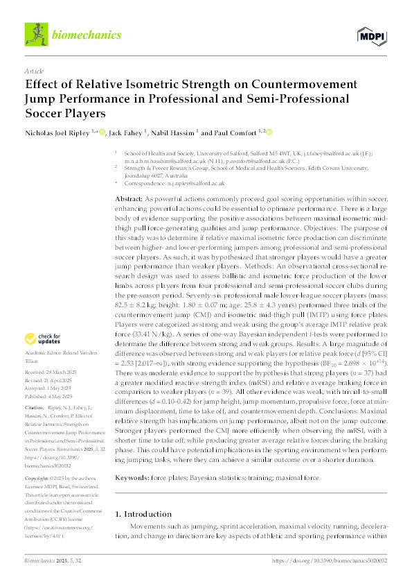 Effect of Relative Isometric Strength on Countermovement Jump Performance in Professional and Semi-Professional Soccer Players Thumbnail