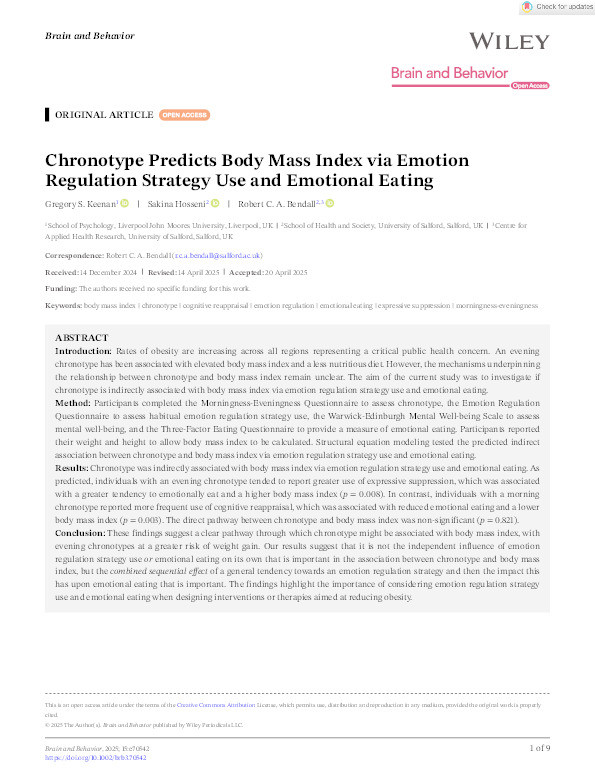 Chronotype Predicts Body Mass Index via Emotion Regulation Strategy Use and Emotional Eating Thumbnail