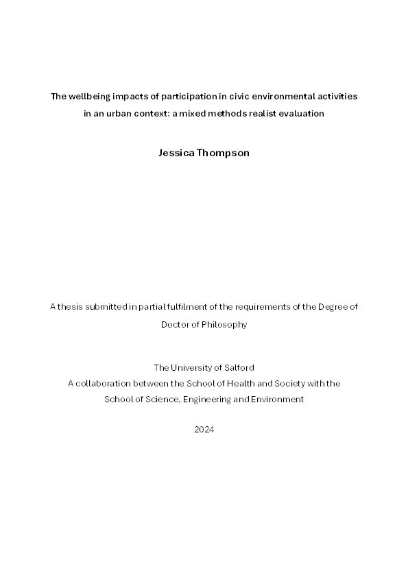 The wellbeing impacts of participation in civic environmental activities in an urban context: a mixed methods realist evaluation Thumbnail