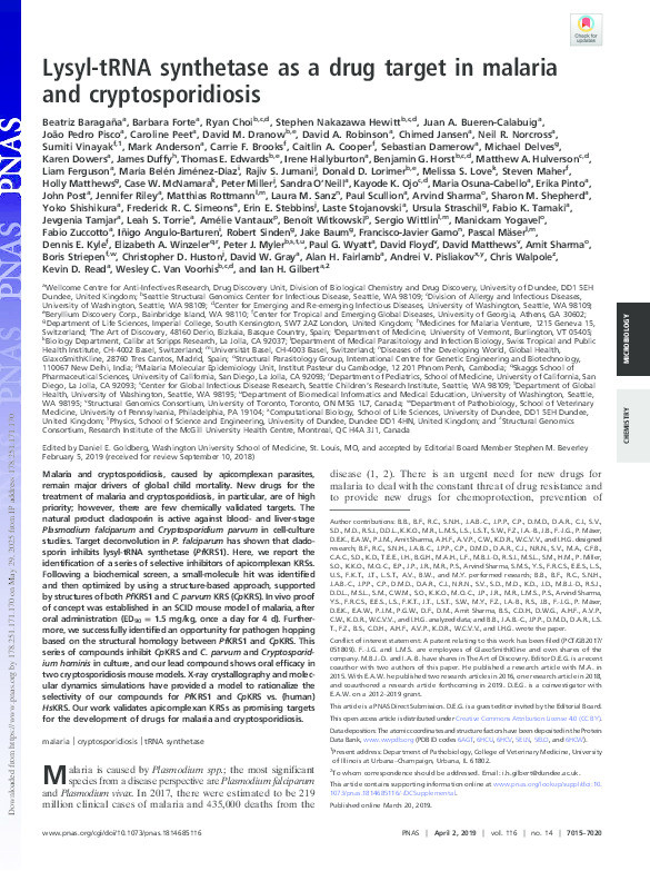 Lysyl-tRNA synthetase as a drug target in malaria and cryptosporidiosis Thumbnail