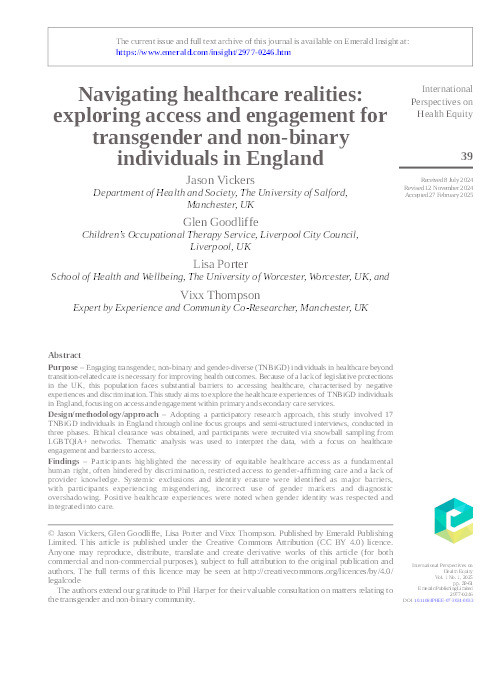 Navigating healthcare realities: exploring access and engagement for transgender and non-binary individuals in England Thumbnail