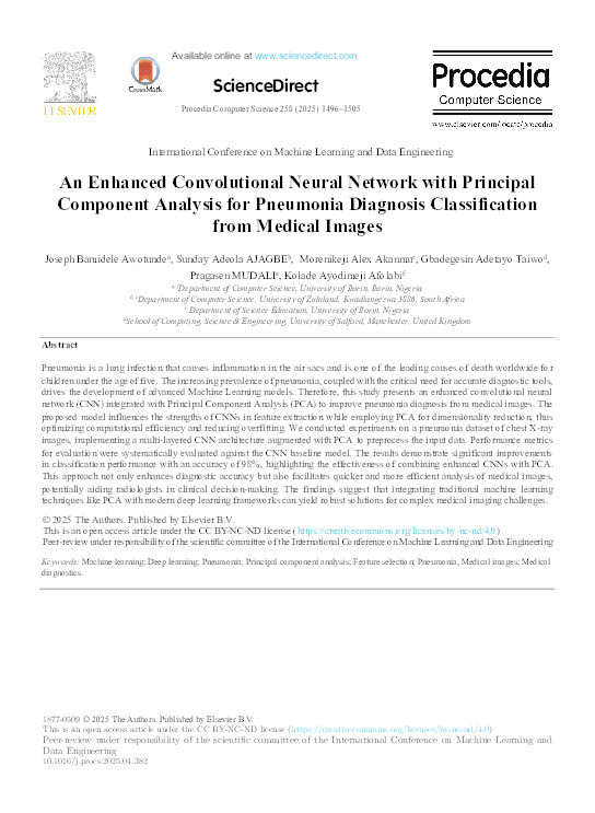 An Enhanced Convolutional Neural Network with Principal Component Analysis for Pneumonia Diagnosis Classification from Medical Images Thumbnail