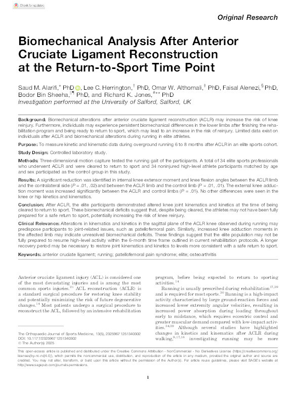 Biomechanical Analysis After Anterior Cruciate Ligament Reconstruction at the Return-to-Sport Time Point Thumbnail
