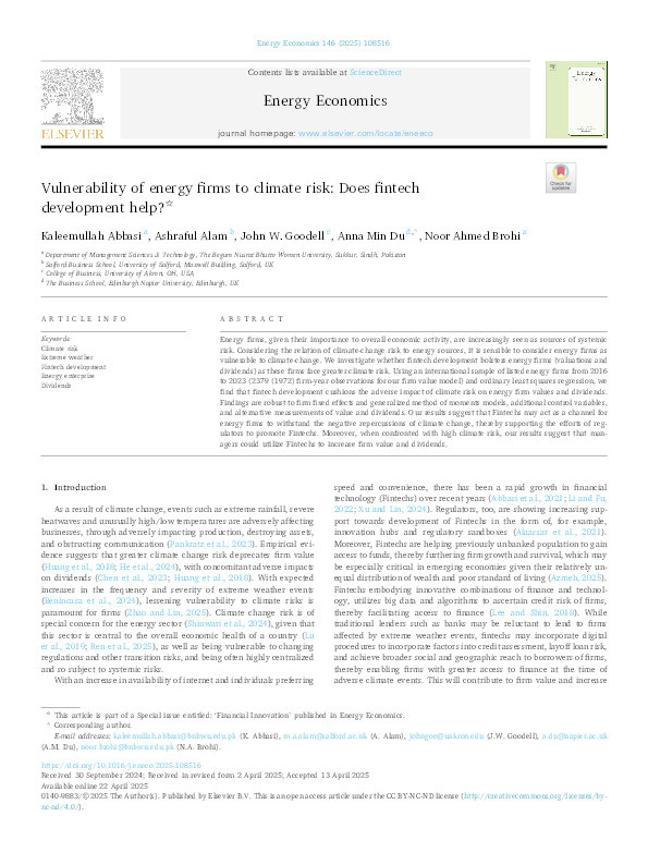 Vulnerability of energy firms to climate risk:  Does fintech development help? Thumbnail