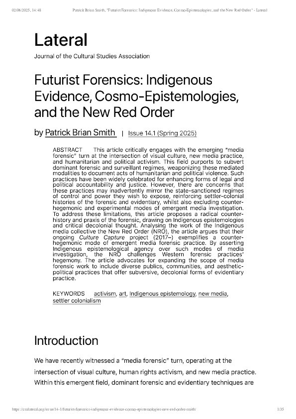 Futurist Forensics: Indigenous Evidence, Cosmo-Epistemologies, and the New Red Order Thumbnail