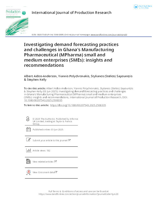 Investigating demand forecasting practices and challenges in Ghana's Manufacturing Pharmaceutical (MPharma) small and medium enterprises (SMEs): insights and recommendations Thumbnail