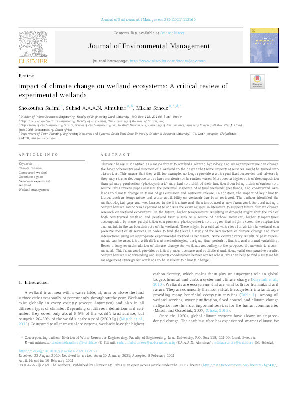 Impact of climate change on wetland ecosystems: A critical review of experimental wetlands Thumbnail
