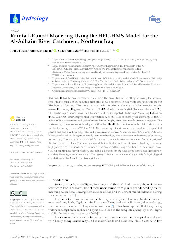Rainfall-Runoff Modeling Using the HEC-HMS Model for the Al-Adhaim River Catchment, Northern Iraq Thumbnail