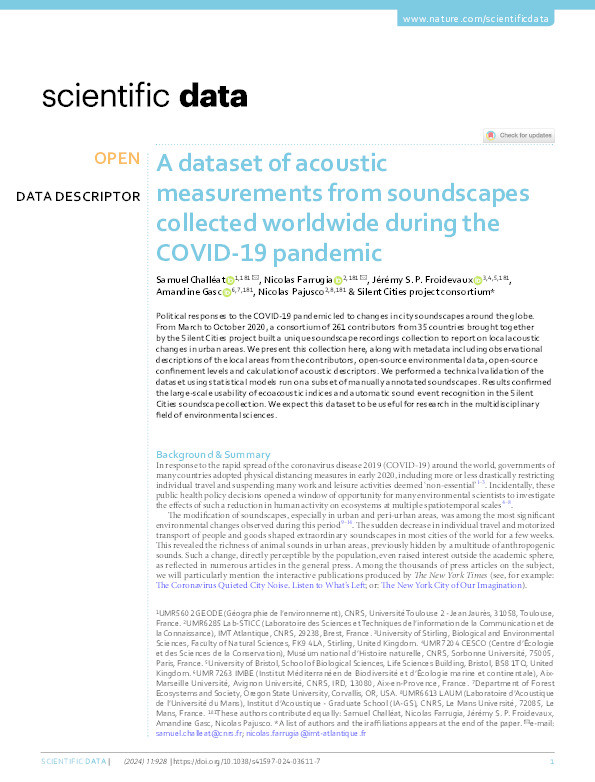 A dataset of acoustic measurements from soundscapes collected worldwide during the COVID-19 pandemic Thumbnail
