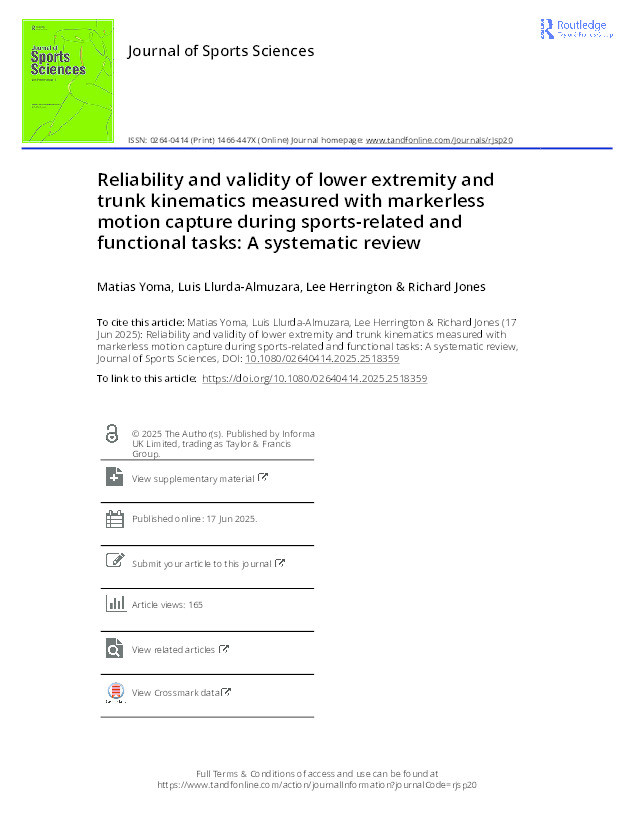 Reliability and validity of lower extremity and trunk kinematics measured with markerless motion capture during sports-related and functional tasks: A systematic review Thumbnail