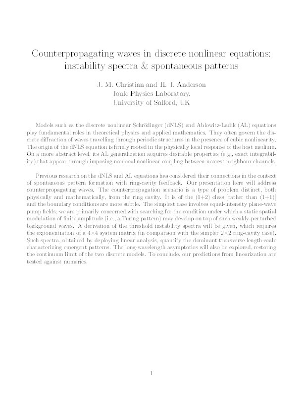 Counterpropagating waves in discrete nonlinear equations: instability spectra & spontaneous patterns Thumbnail