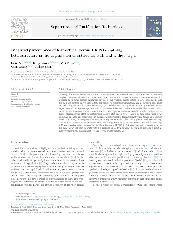 Enhanced performance of hierarchical porous HKUST-1/g-C3N4 heterostructure in the degradation of antibiotics with and without light Thumbnail