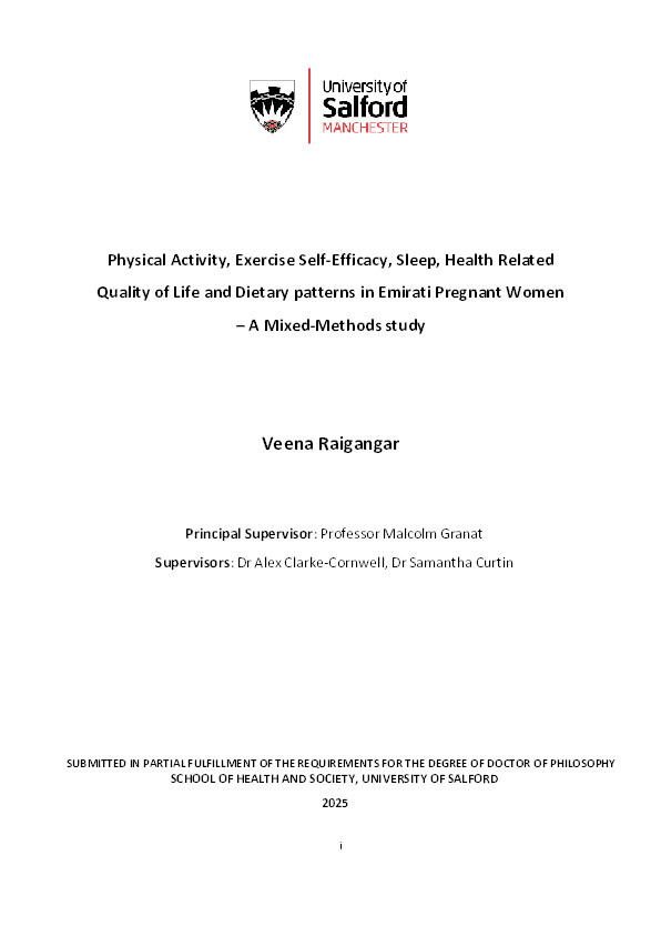 Physical Activity, Exercise Self-Efficacy, Sleep, Health Related Quality of Life and Dietary patterns in Emirati Pregnant Women – A Mixed-Methods study Thumbnail