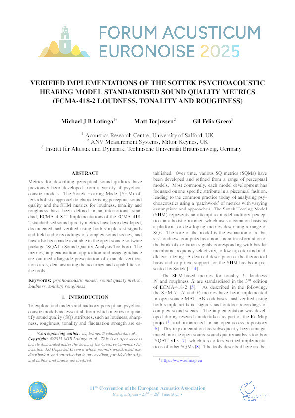 Verified implementations of the Sottek psychoacoustic Hearing Model standardised sound quality metrics (ECMA-418-2 loudness, roughness and tonality Thumbnail