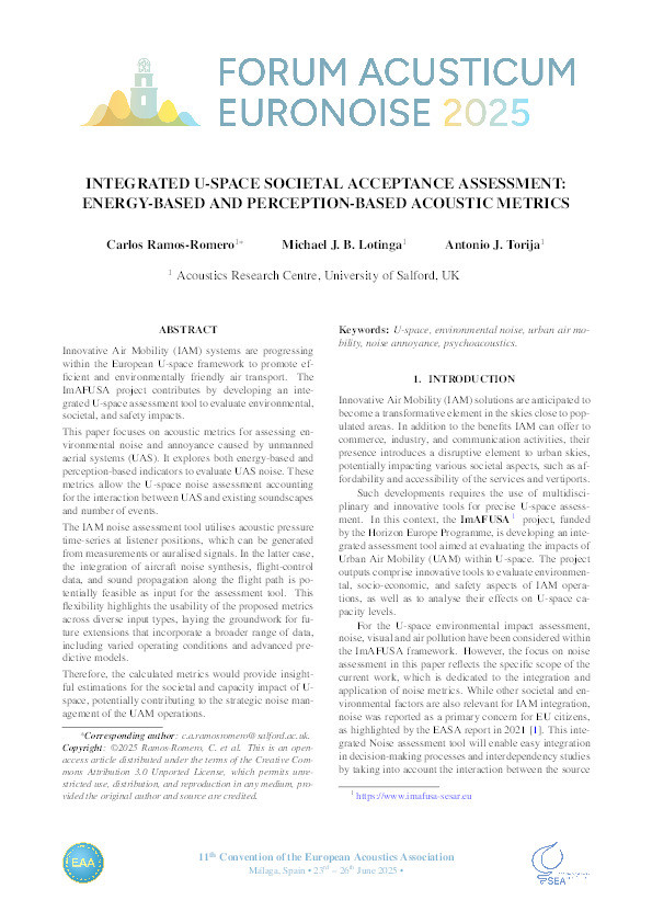 Integrated U-space societal acceptance assessment: energy-based and perception-based  acoustic metrics. Thumbnail