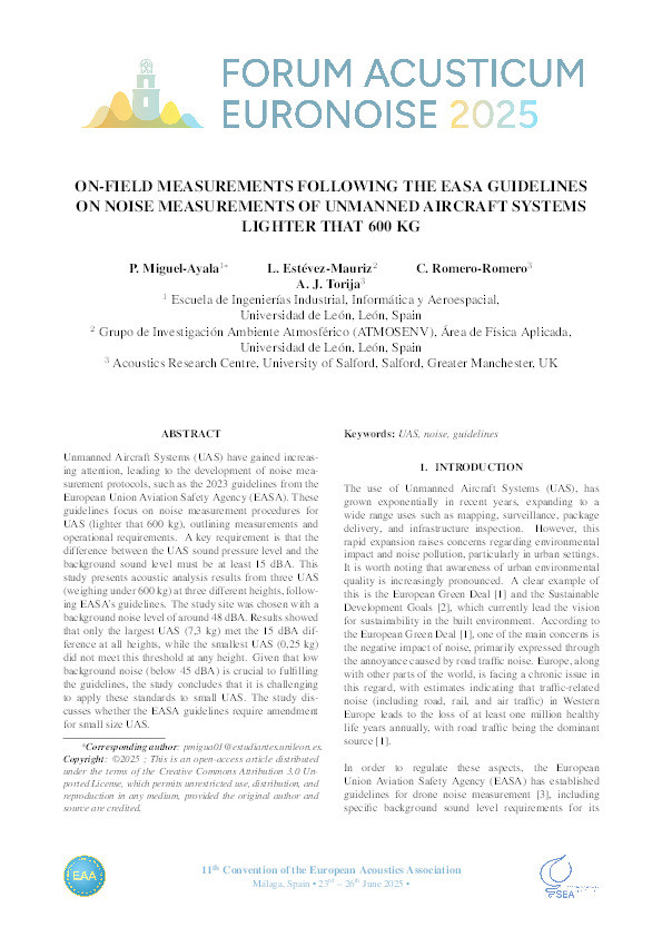 On-field measurements following the EASA guidelines on noise measurements of unmanned aircraft systems lighter that 600 kg Thumbnail