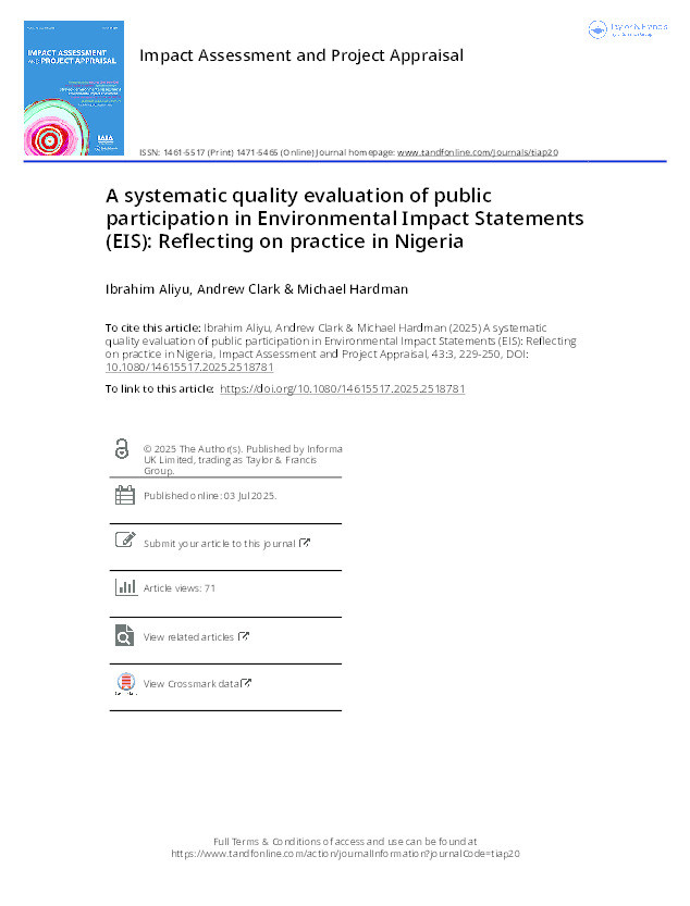 A systematic quality evaluation of public participation in Environmental Impact Statements (EIS): Reflecting on practice in Nigeria Thumbnail