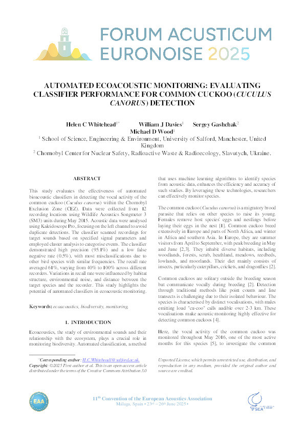 Automated ecoacoustic monitoring: Evaluating classifier performance for common cuckoo (cuculus canorus) detection Thumbnail