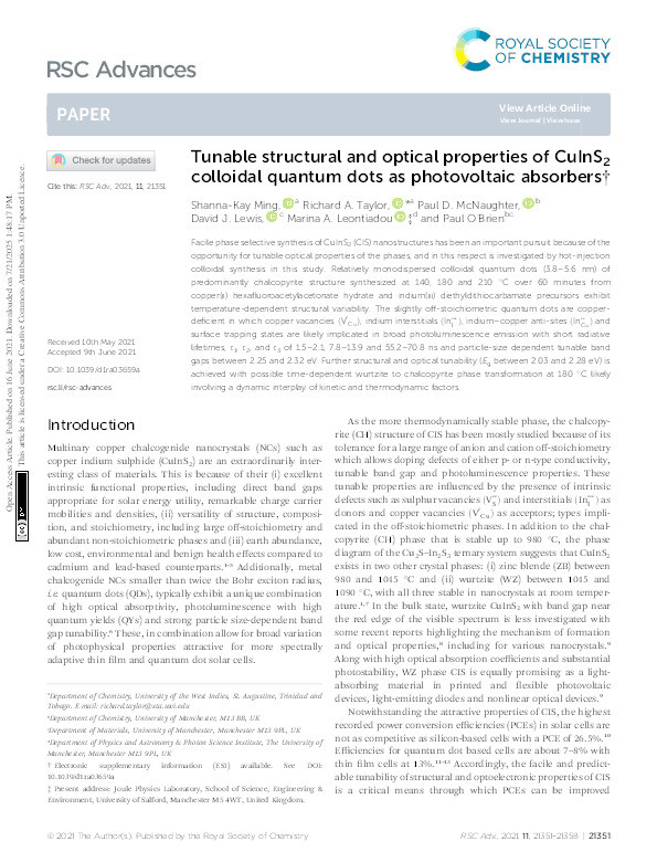 Tunable structural and optical properties of CuInS2 colloidal quantum dots as photovoltaic absorbers Thumbnail