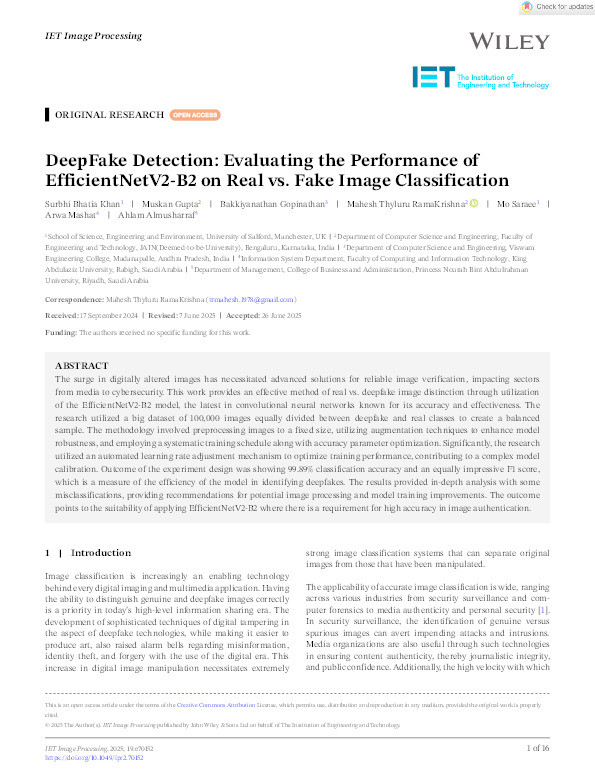 DeepFake Detection: Evaluating the Performance of EfficientNetV2‐B2 on Real vs. Fake Image Classification Thumbnail