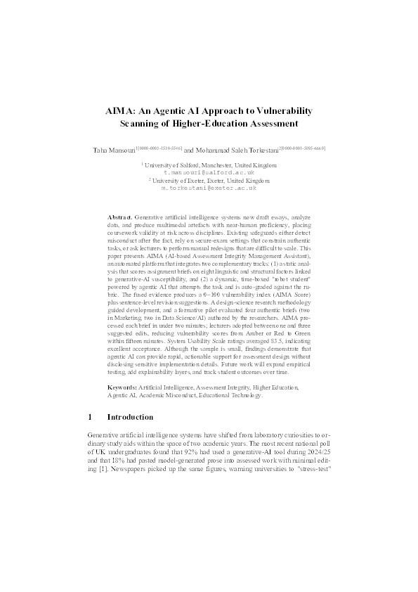 AIMA: An Agentic AI Approach to Vulnerability Scanning of Higher-Education Assessment Thumbnail